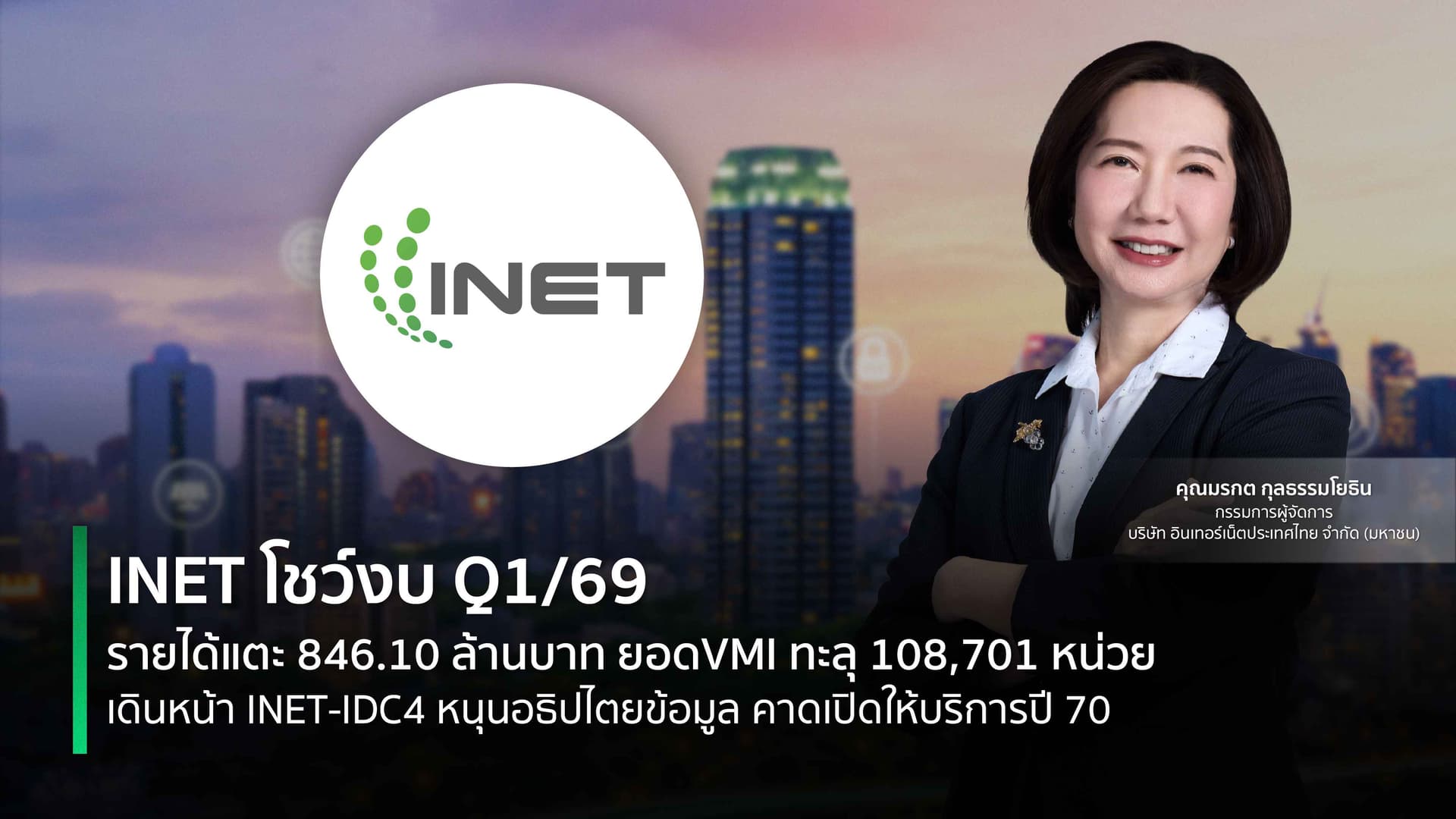 Pendiri Inet INET โชว์งบ Q1/69 รายได้แตะ 846.10 ล้านบาท ยอด VMI ทะลุ 108,701 หน่วย ...
